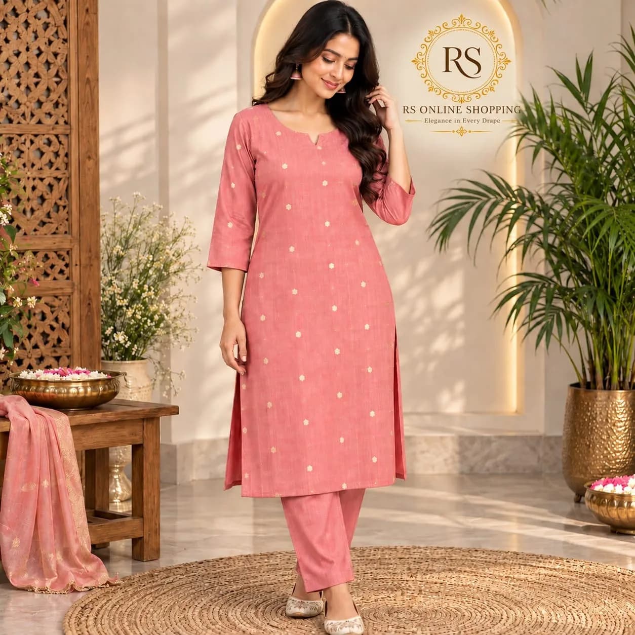 Kurtis Raw Silk 2PC Set Avaasa Brand(M-Dusty Rose Pink)