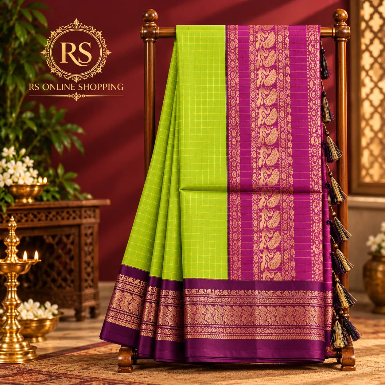 Kalyani Cotton Checked Saree(Parrot Green)