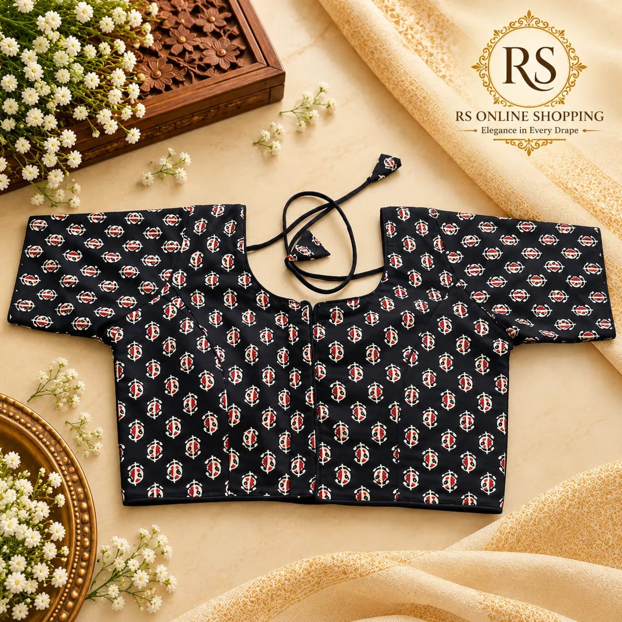 Ready Made Blouse Cotton Kalamkari Design(Black)