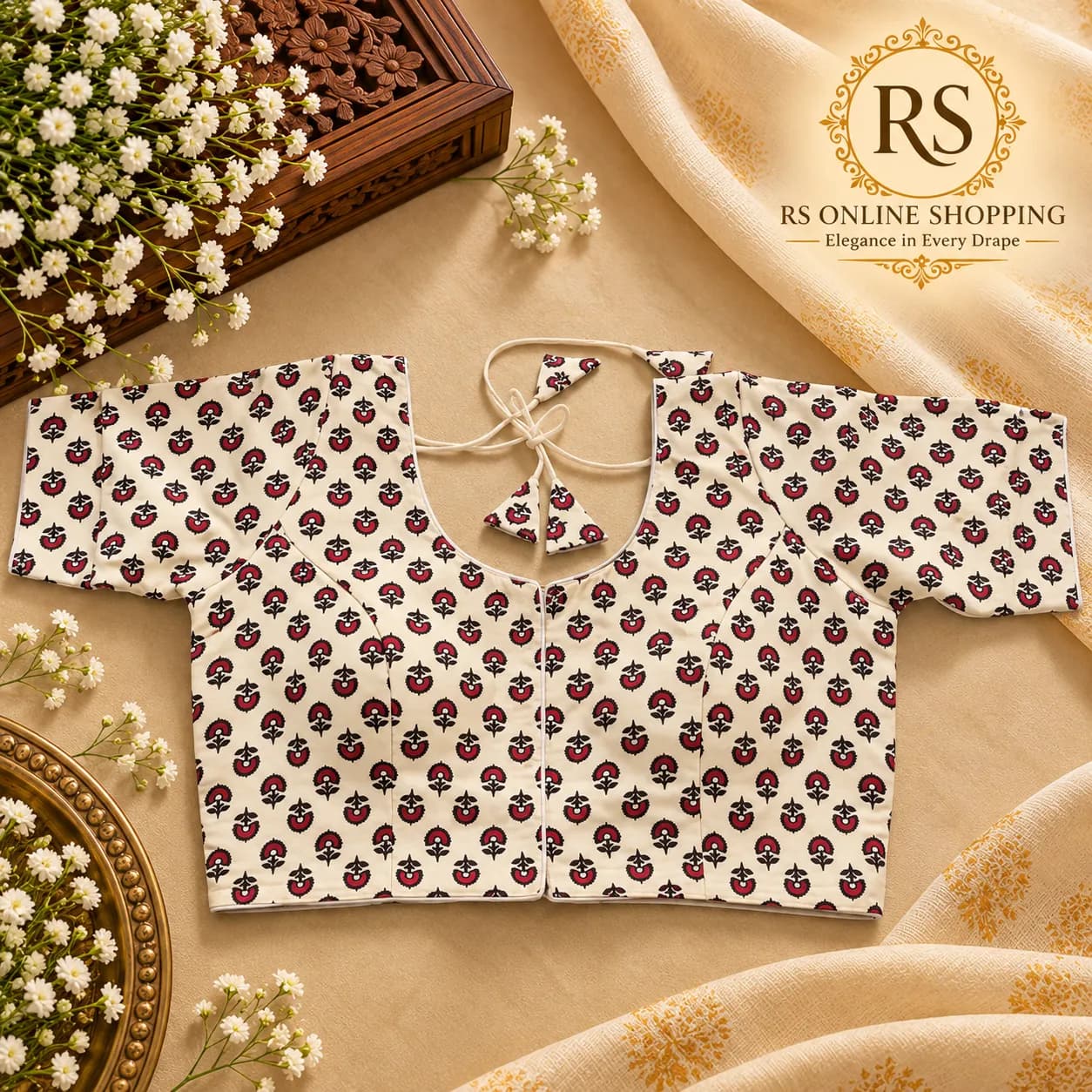 Ready Made Blouse Cotton Kalamkari Design(Cream Colour)