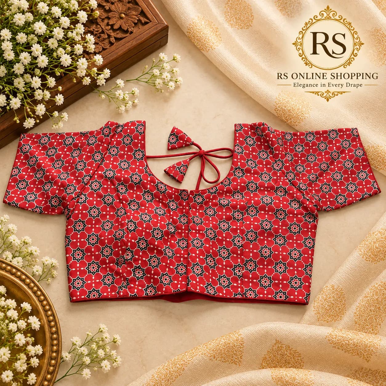 Ready Made Blouse Cotton Kalamkari Design(Brick Colour)