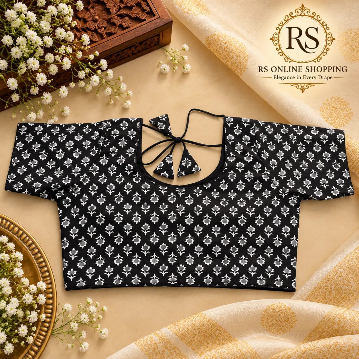 Ready Made Blouse Cotton Kalamkari Design(Black)